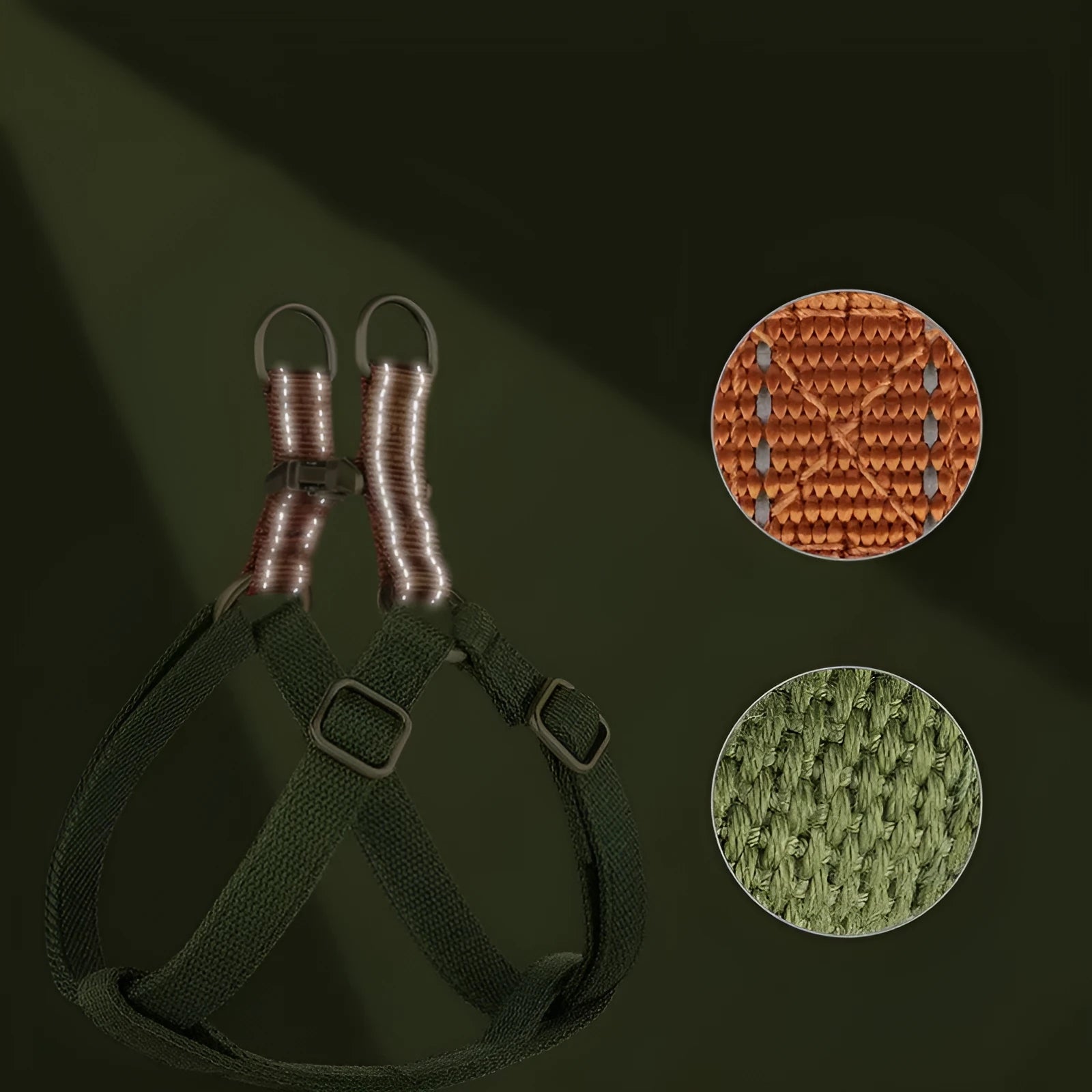 Brown vest-style dog leash harness on small dog showing cotton nylon construction and alloy fastener