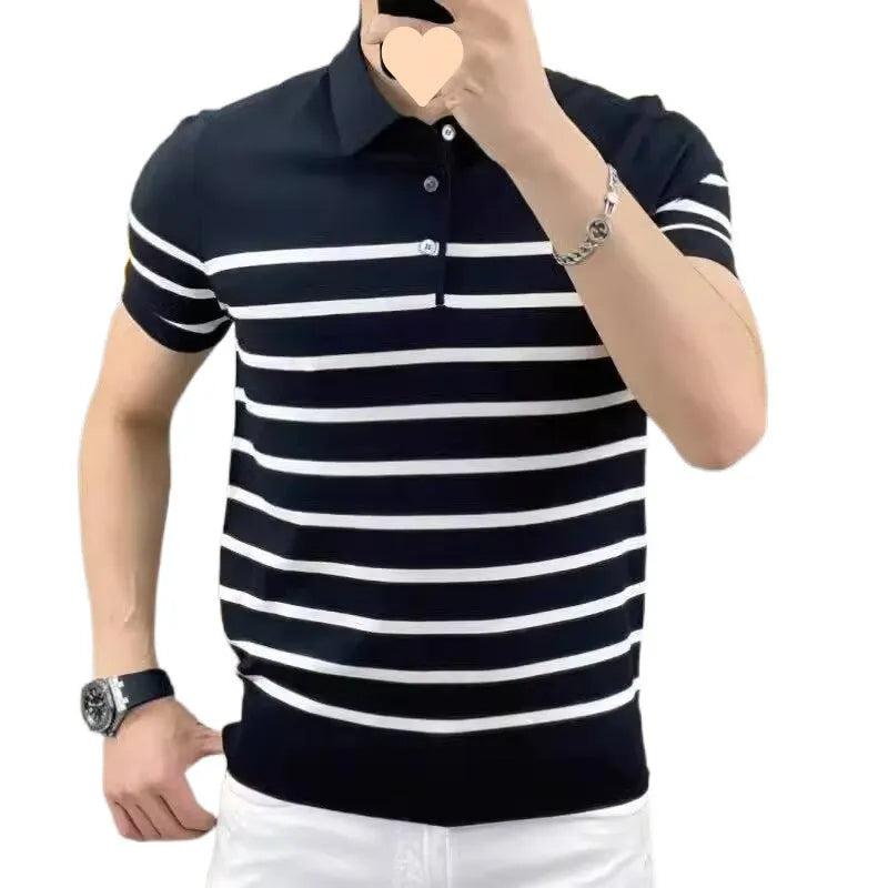 Man wearing a black and white striped knitted T-shirt with a lapel collar, casual style.
