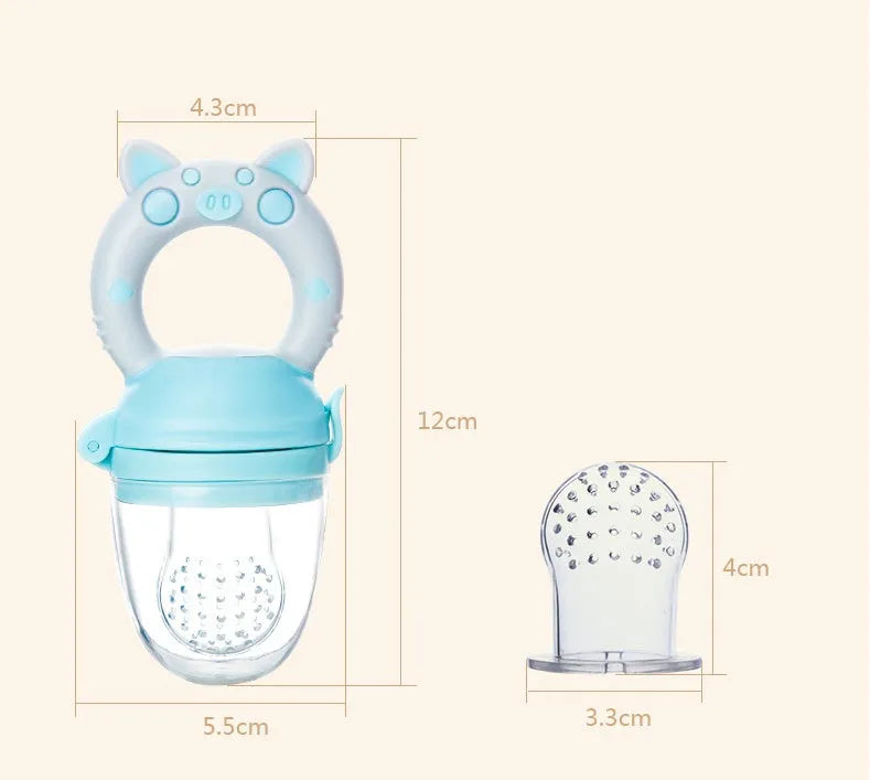 BPA-free silicone baby teether in blue, green, or pink colours showing single and triple mouthpiece design options
