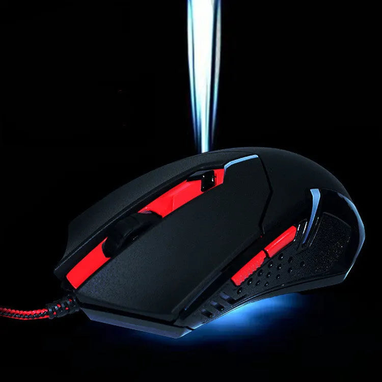 Black red USB wired gaming mouse with six buttons on ergonomic design