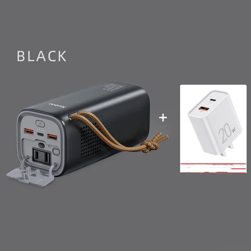 Black emergency power bank with solar panel, 200W output, and compact 70x70x162mm dimensions