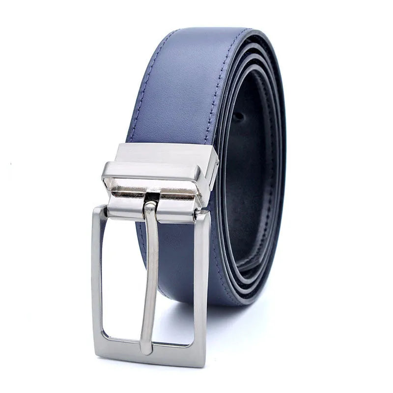Men's brown and black casual leather belt with rotating pin buckle showing alloy fastener and two-layer cowhide construction