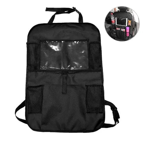 Car seat back storage bag in 600D Oxford cloth with mesh pocket, 61x41cm, hanging on seat back