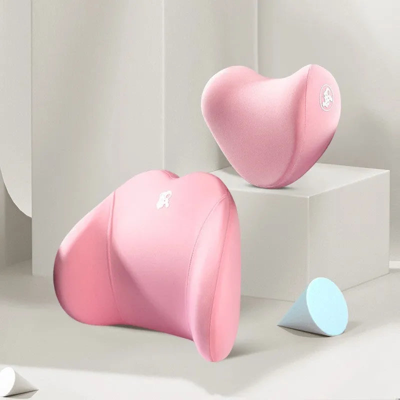 Car pillow set with heart-shaped headrest and lumbar support pillow, cotton cover, four seasons memory foam, black colour