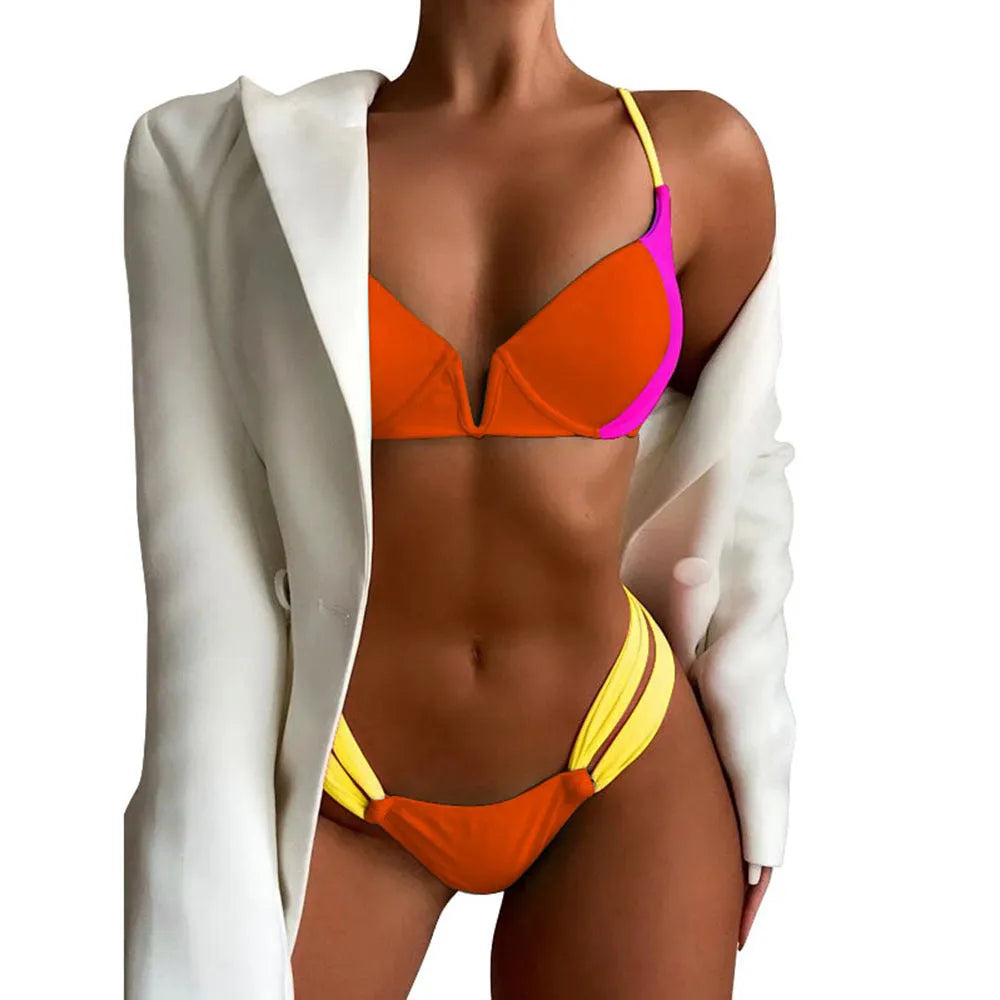 Blue women's sexy V-neck halter bikini set with high waist briefs and ribbon stitching