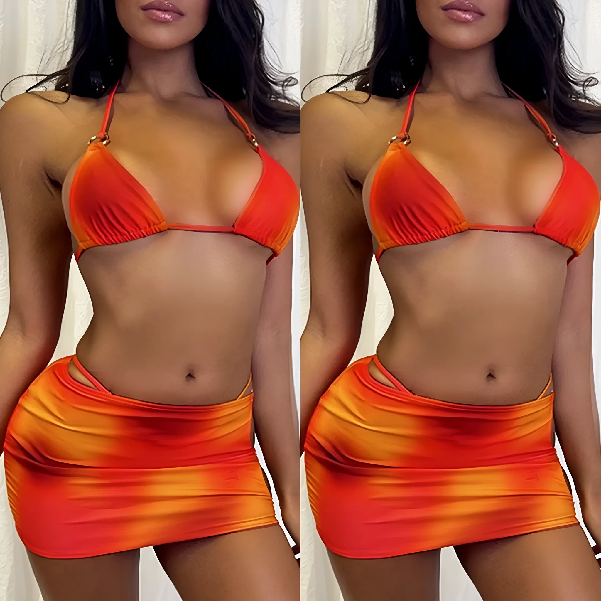 Tie-dye three-piece halter bikini swimwear set with skirt in solid gradient colours