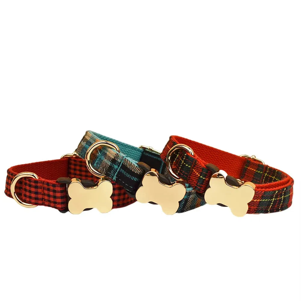 Flat fabric printed grid dog collar with bone buckle in multiple colour options