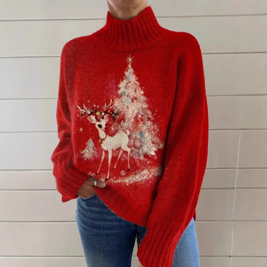 Women's Christmas printed turtleneck pullover sweater in loose casual style with long sleeves