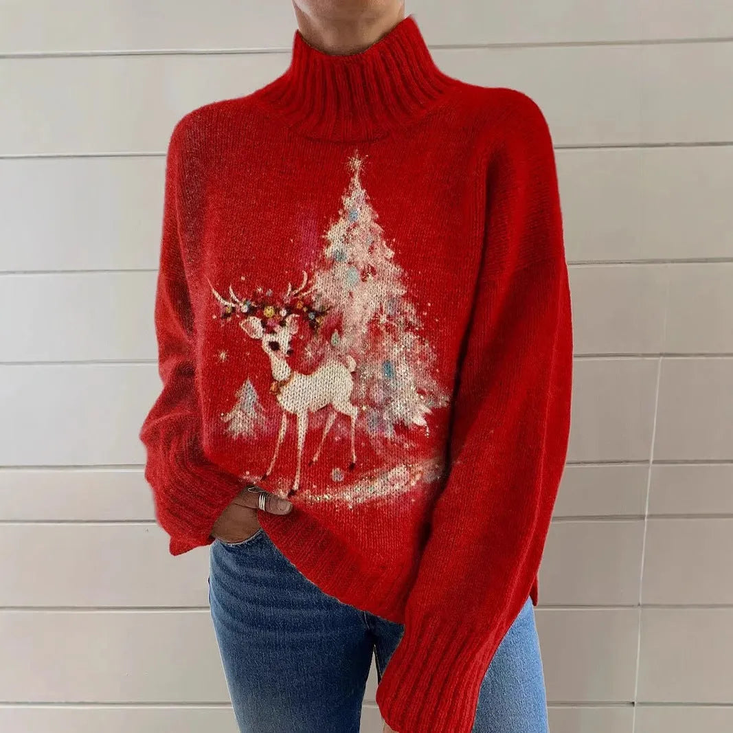 Women's Christmas printed turtleneck pullover sweater in loose casual style with long sleeves