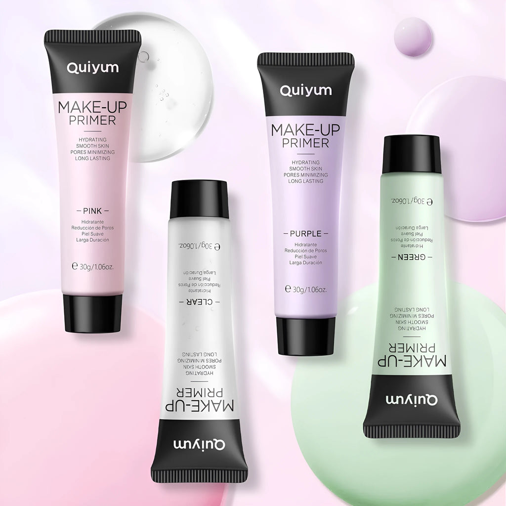 Colour box containing 30g moisturising makeup primer in green, pink, and purple colour-correcting shades