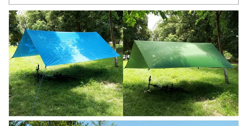 300x300cm awning sun shelter made of waterproof Oxford fabric in army green, set up outdoors with wind ropes