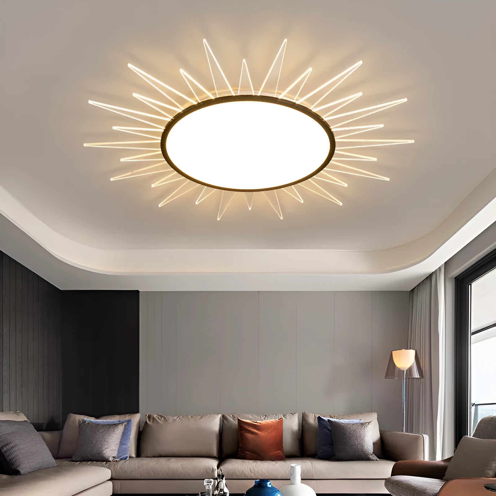 Modern round aluminium LED ceiling lamp with dimming controls in multiple size options