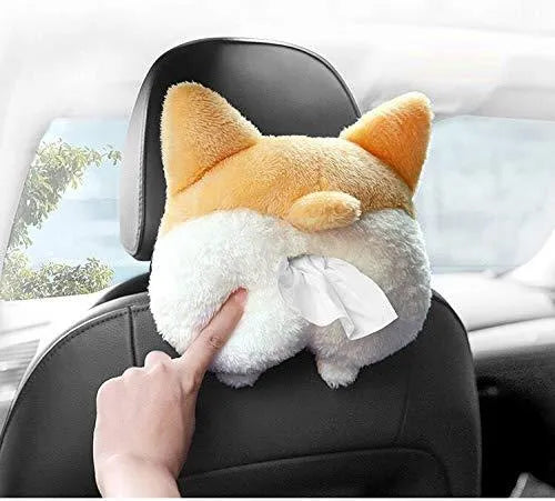 Yellow corgi butt-shaped car tissue box holder mounted on sun visor with elastic backing