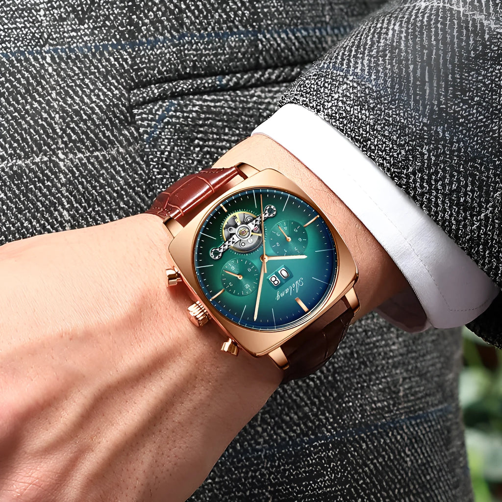 Men's automatic mechanical watch with black leather strap, hollow dial, and luminous hands on a white background