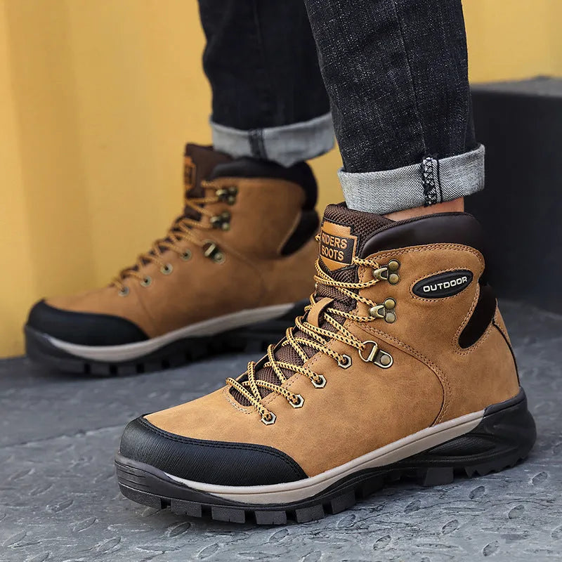 Men's winter high-top cotton boots in black, first layer cowhide leather, velvet lining, rubber sole, lace-up style
