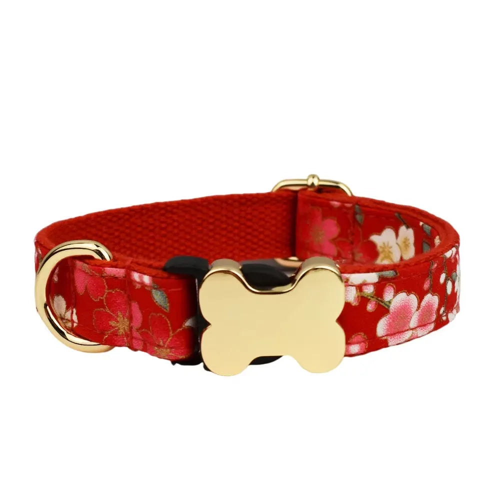 Flat fabric printed grid dog collar with bone buckle in multiple colour options