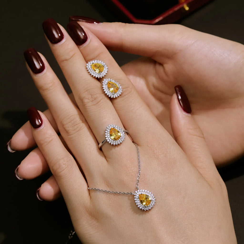 Sterling silver water droplet jewellery set necklace ring earrings golden white