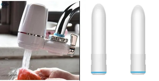 White plastic kitchen tap water filter with ceramic cartridge and universal adapter kit on a counter.