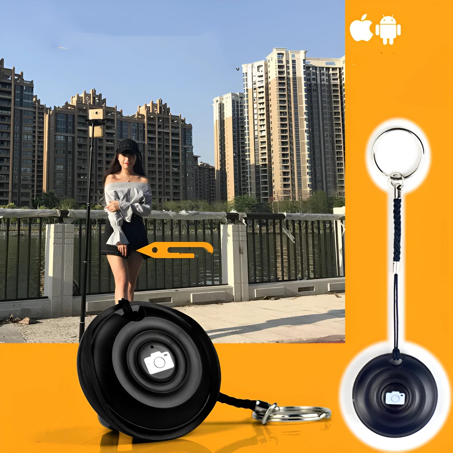 Black Bluetooth selfie remote control for wireless smartphone and camera photography