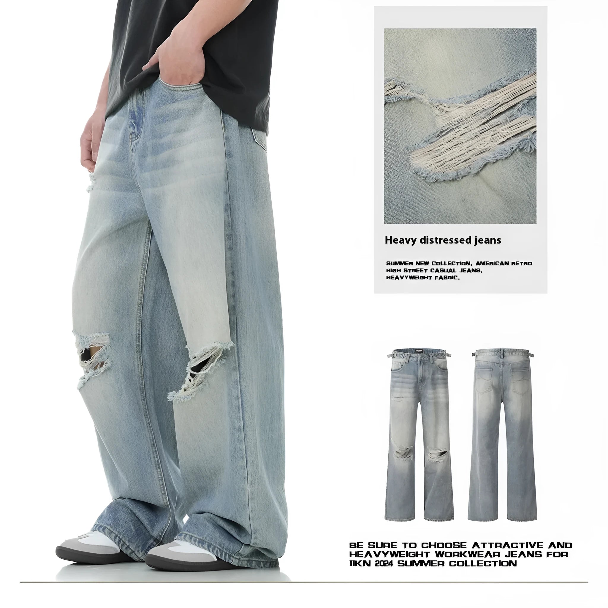 Blue men's straight-leg ripped jeans with a cotton blend fabric and zipper fly.