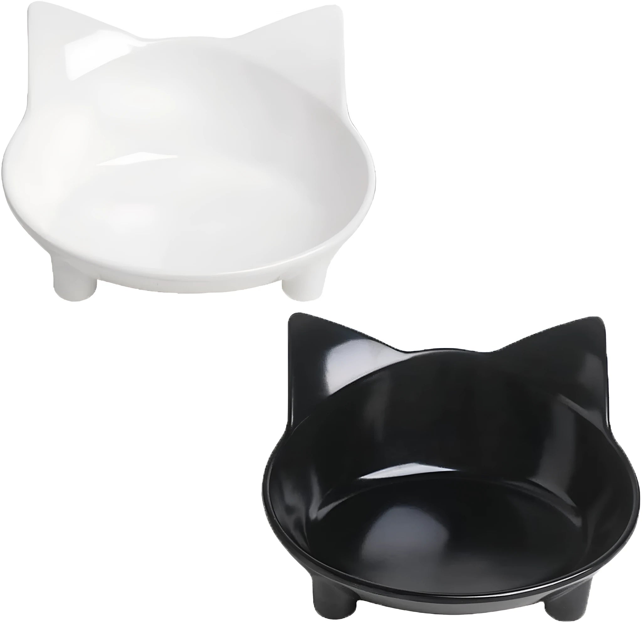 White shallow melamine pet bowl with non-slip black rubber base on a wooden floor.
