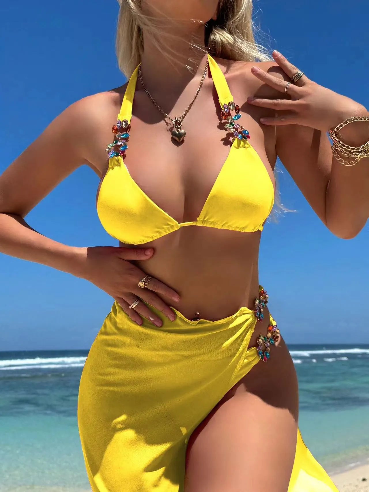 Light Diamond women's three-piece swimsuit with mesh overlay skirt in solid colour