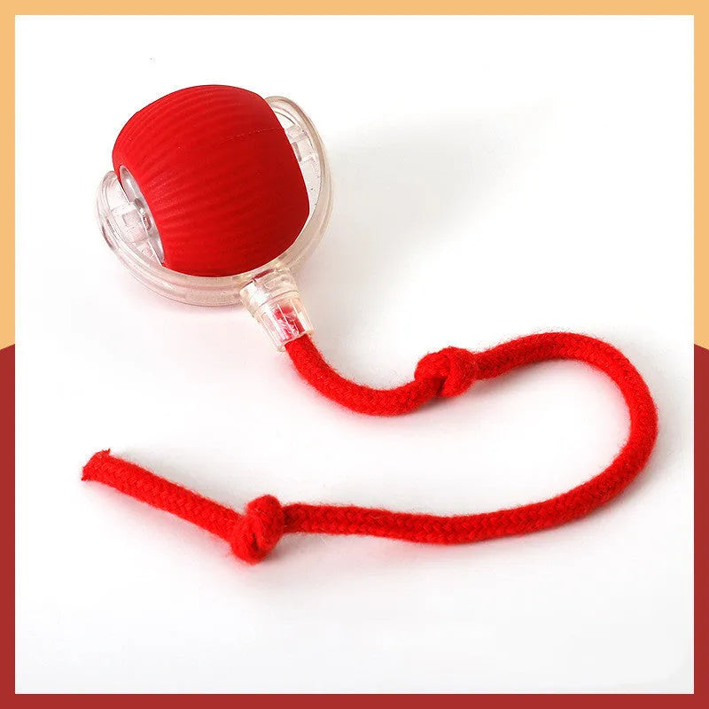 Silicone cat rolling ball toy in green, grey, red, and pink plush designs with optional rope attachment