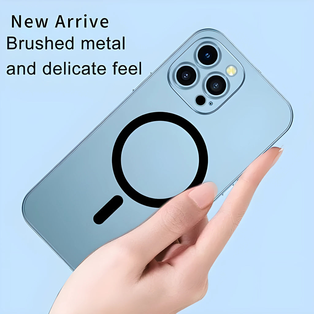 Aluminium alloy frame iPhone case showing magnetic snap closure and camera lens protection