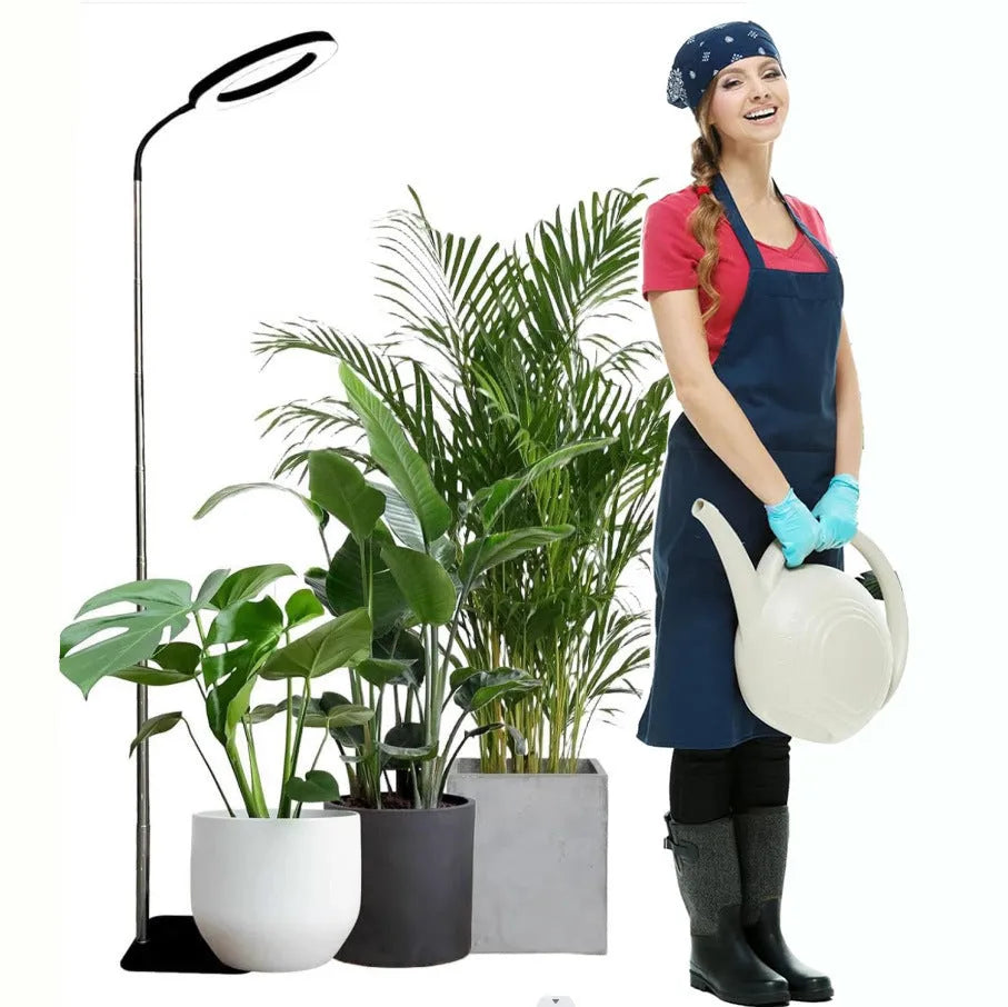 Base dual-purpose floor plant growth lamp with white aluminium housing, telescopic rod, and full spectrum LED beads for indoor plants