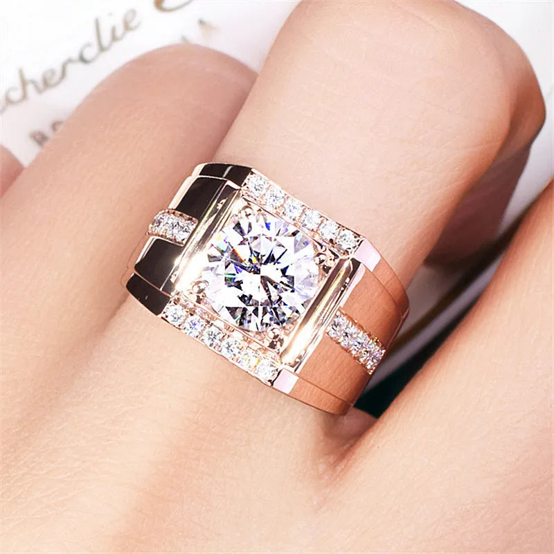 Men's geometric diamond zircon ring with adjustable open mouth design in rose gold finish