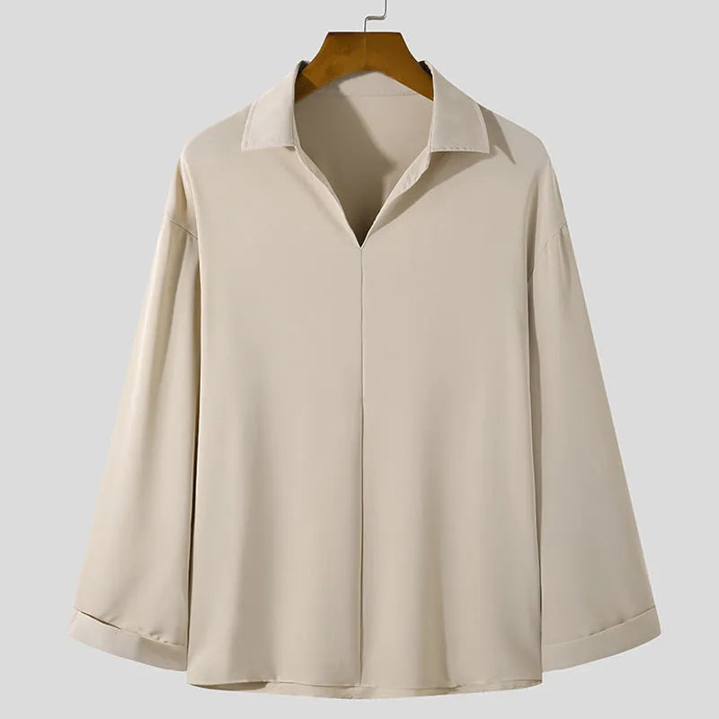 Men's loose lapels casual shirt in polyester fabric showing non-ironing properties and solid colour options