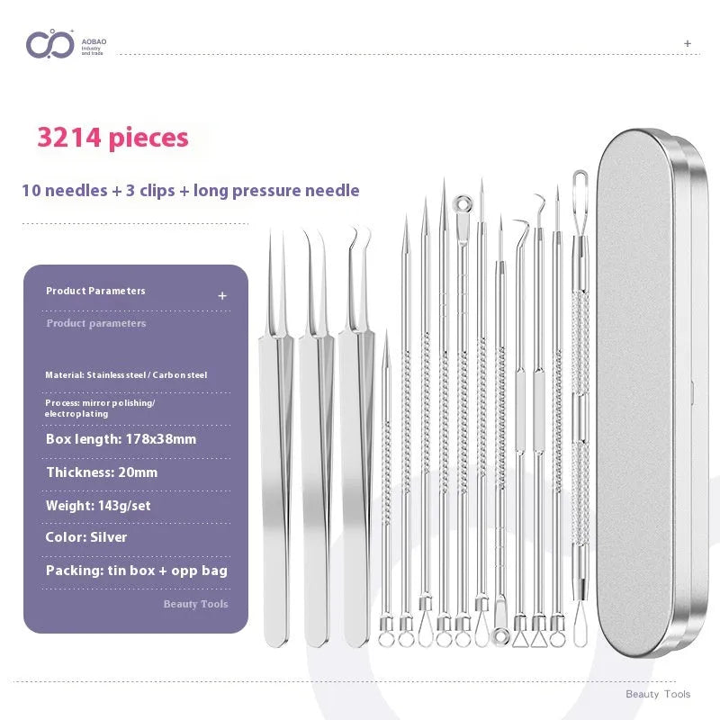 Four silver metal acne needles with ultra-fine pointed tips for skin treatment.