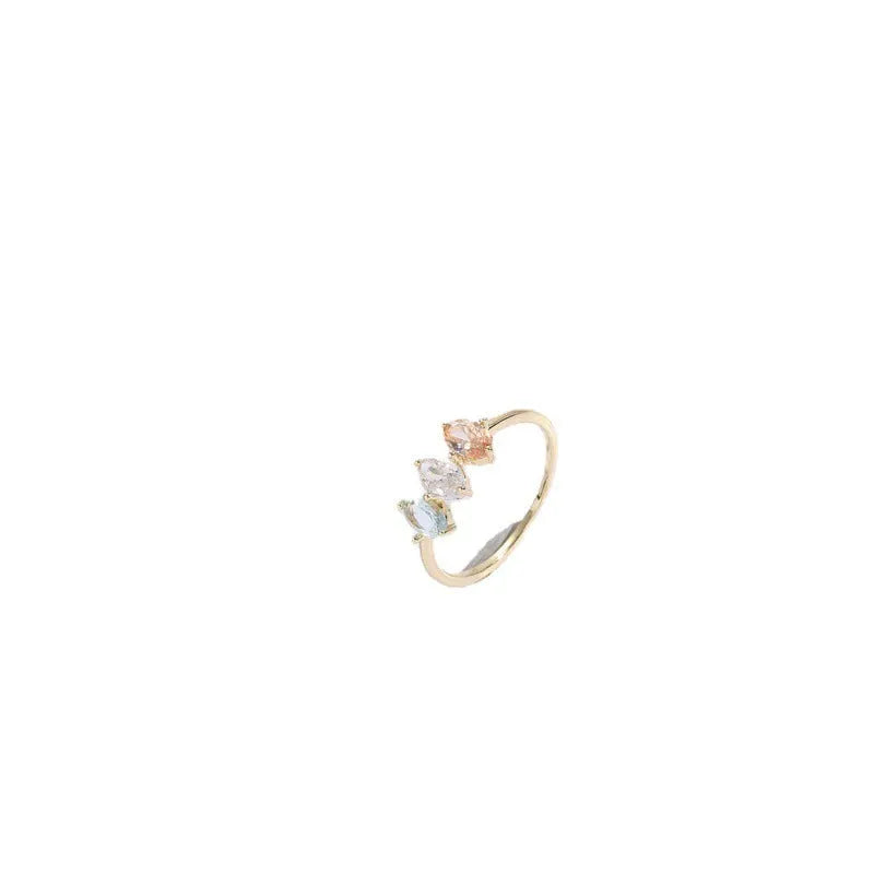 Geometric triangle design women's ring with horse eye motifs and tricolor zircon stones in 14k gold colour