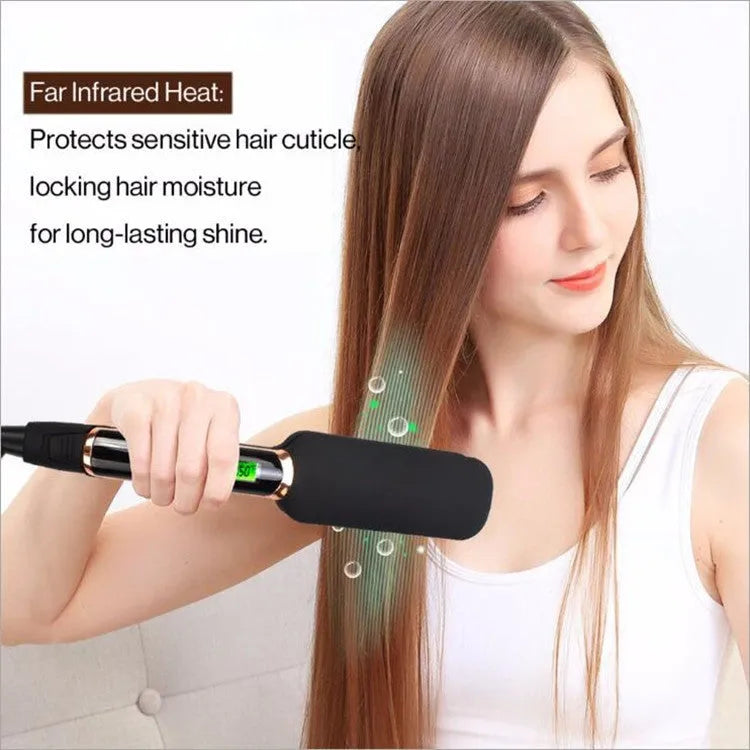 Infrared hair straightener with blue LED display and ceramic oil heating plate