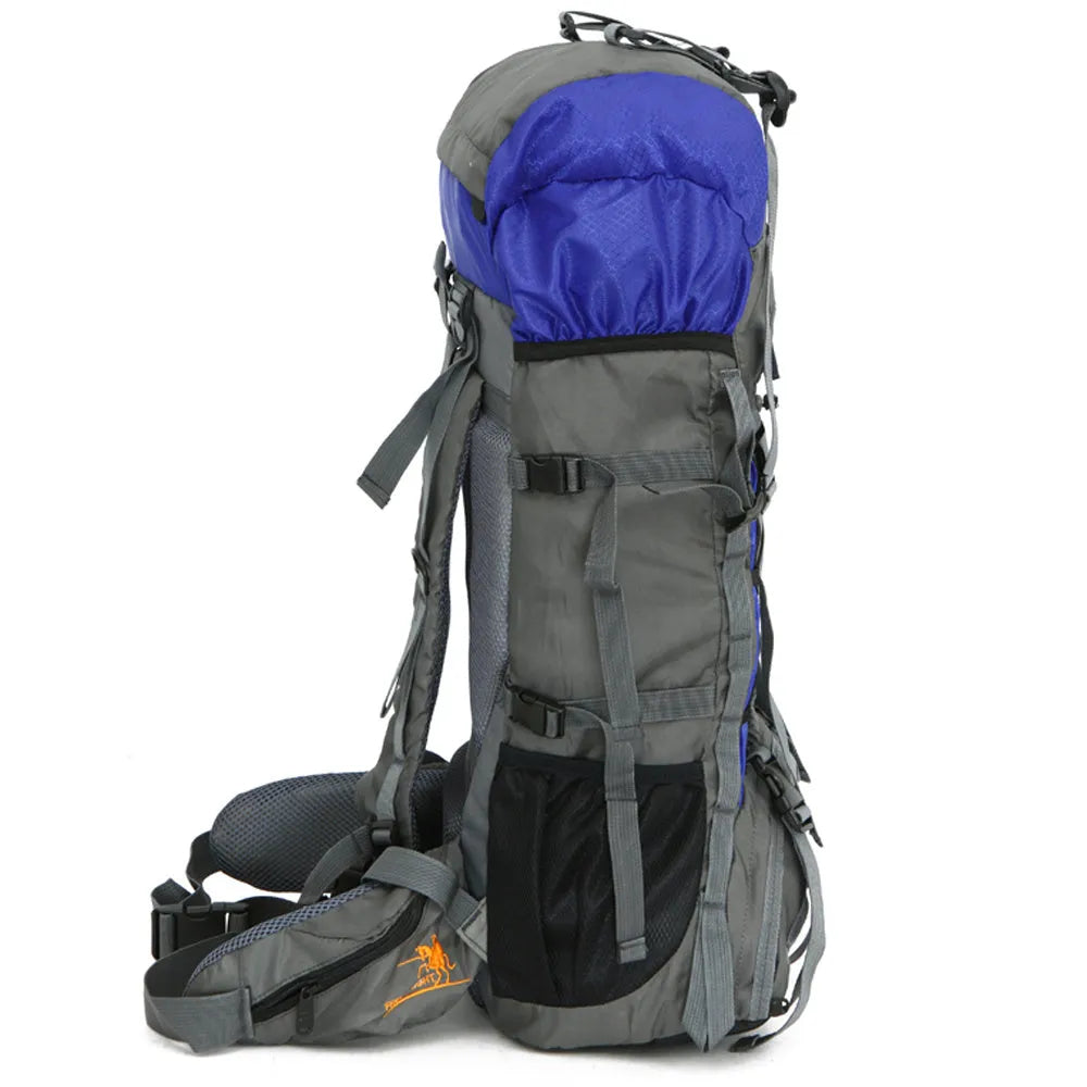 Extra large 60L nylon water resistant outdoor travel backpack with external stores system and adjustable shoulder strap