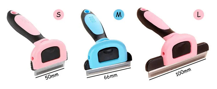 Pet hair removal comb for long straight hair pets in three sizes S M L and blue or pink colour options