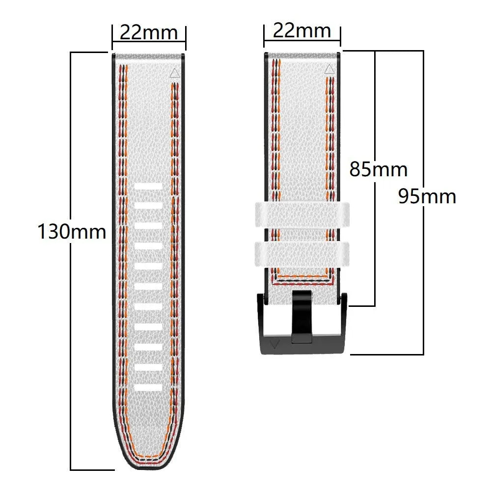 Quick release silicone leather watchband for Garmin Fenix watches in black, shown detached.
