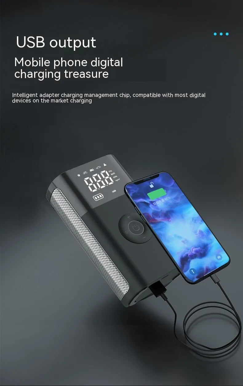 Wireless handheld digital tyre inflator with LCD screen, LED light, and attachments for car, bike, and ball valves.
