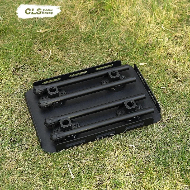 CLS aluminium dual-use folding camping stool shown extended as a table and folded with its carry bag.