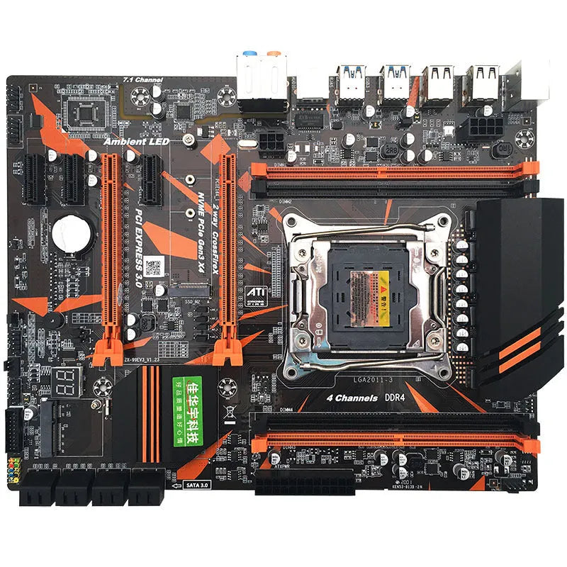 Black X99 computer motherboard with LGA2011-3 socket, four DDR4 slots, PCI-E expansion slots, and heat sinks