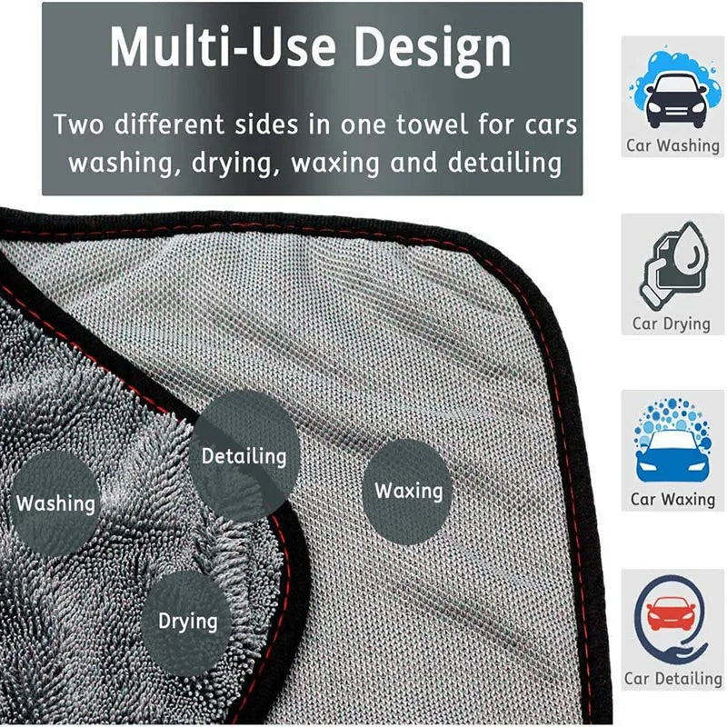 Grey square microfiber car wash towel for drying vehicles.