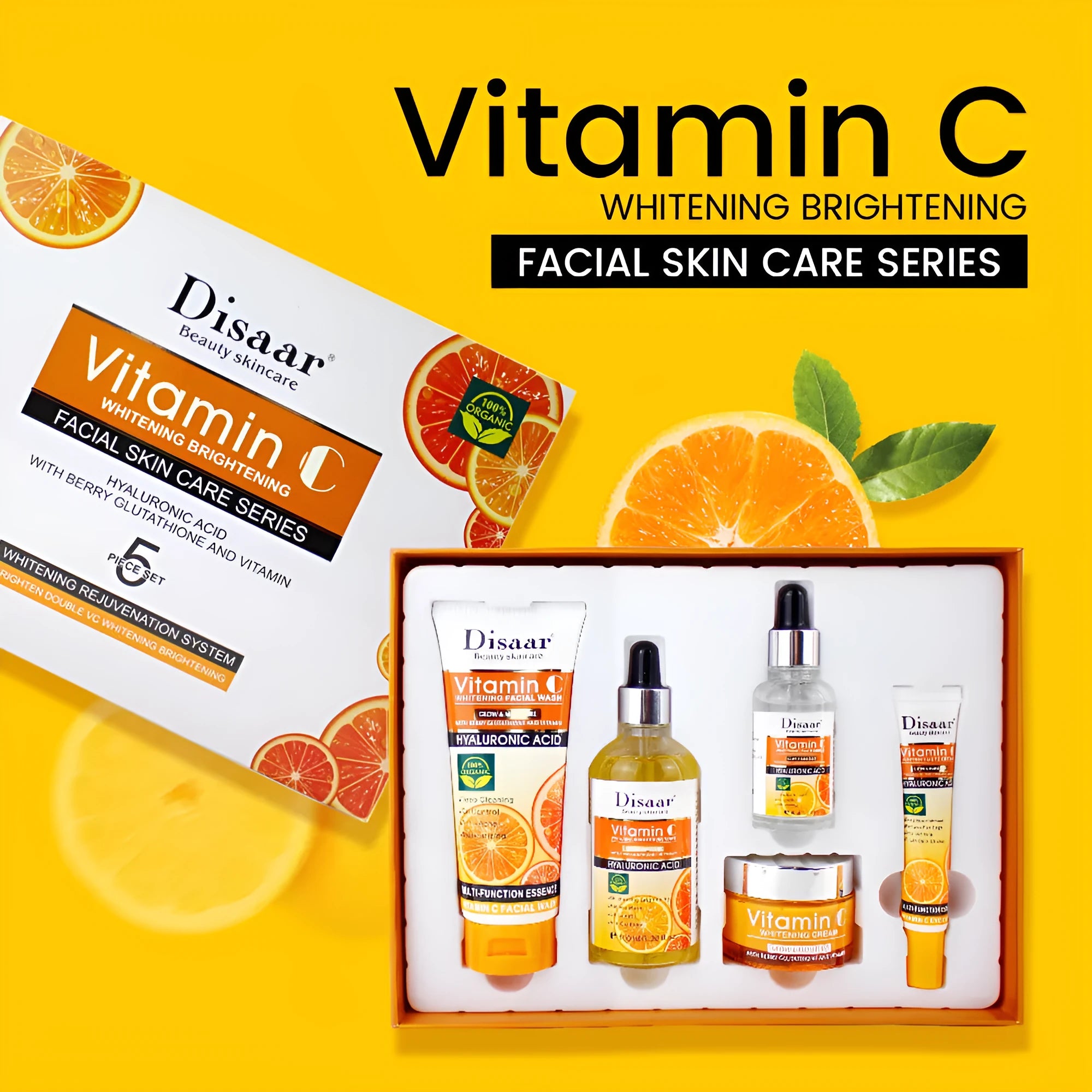 Vitamin C facial care set with toner, emulsion, serum, cream, and eye cream in coordinated packaging