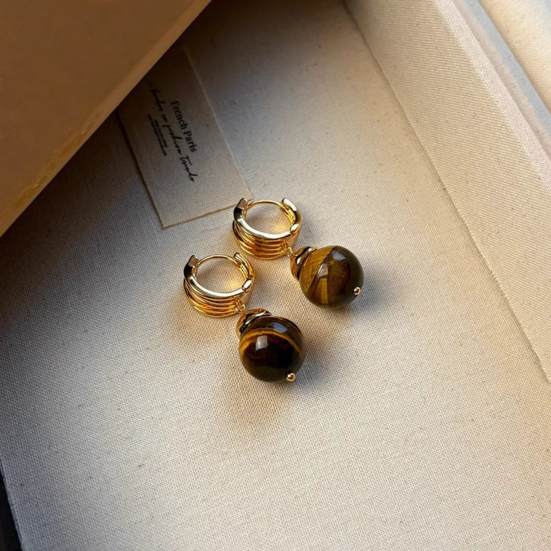 Gold plated tigereye geometric earrings for women in brown and black colours