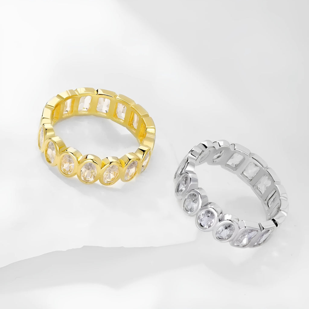 S925 sterling silver geometric stackable ring with full diamond oval and rectangular pattern on white background