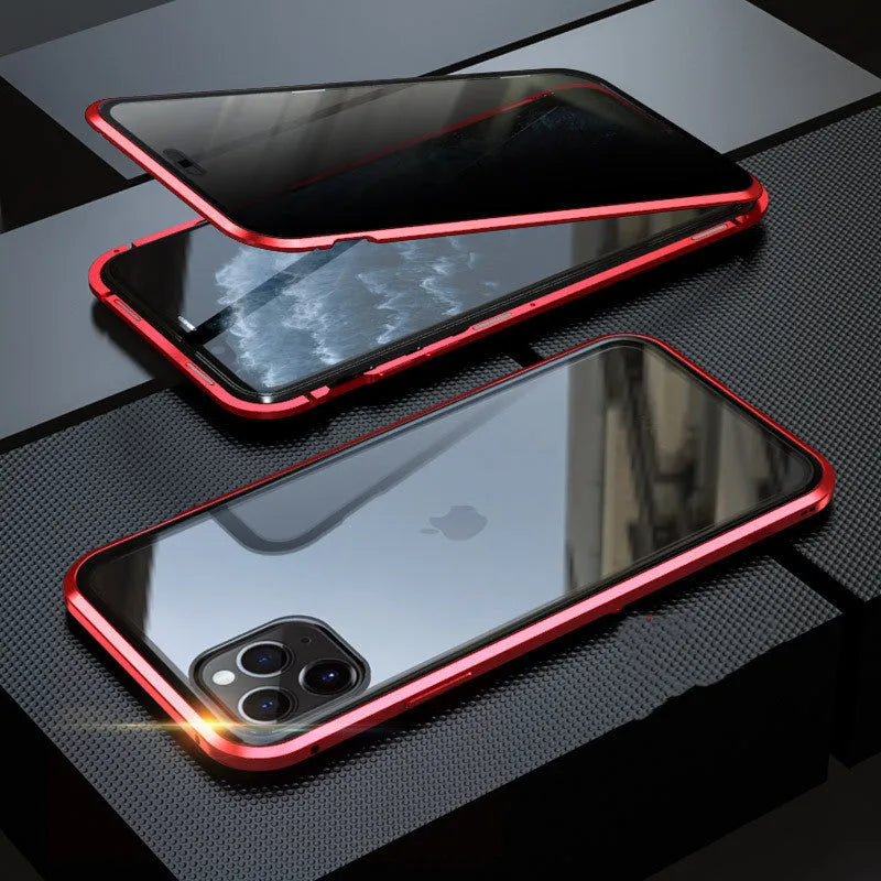 Glass clamshell anti-spy phone case in black, silver, red, gold, green, or blue for iPhone models.