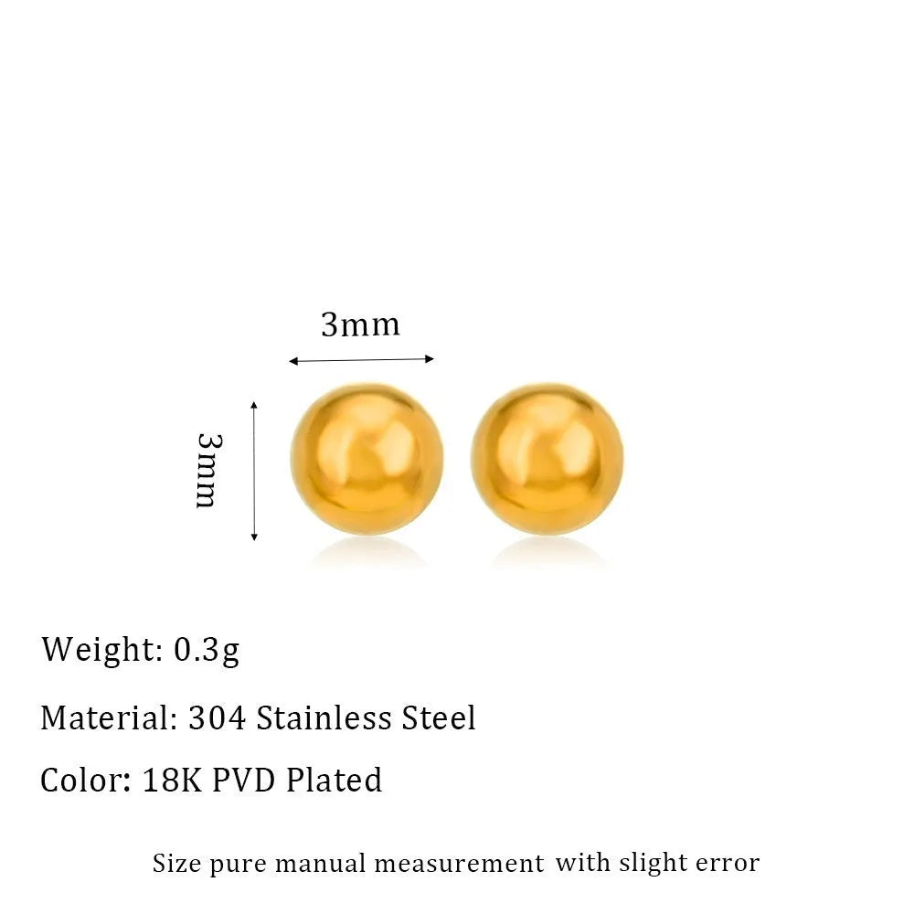 Titanium steel ball stud earrings in gold or silver finish, available in 3mm to 6mm sizes