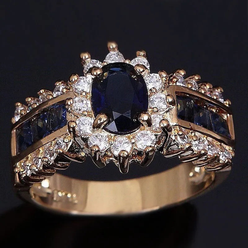 Personalised zinc alloy ring with gemstone options including blue diamond and zircon stones in sizes 6-11
