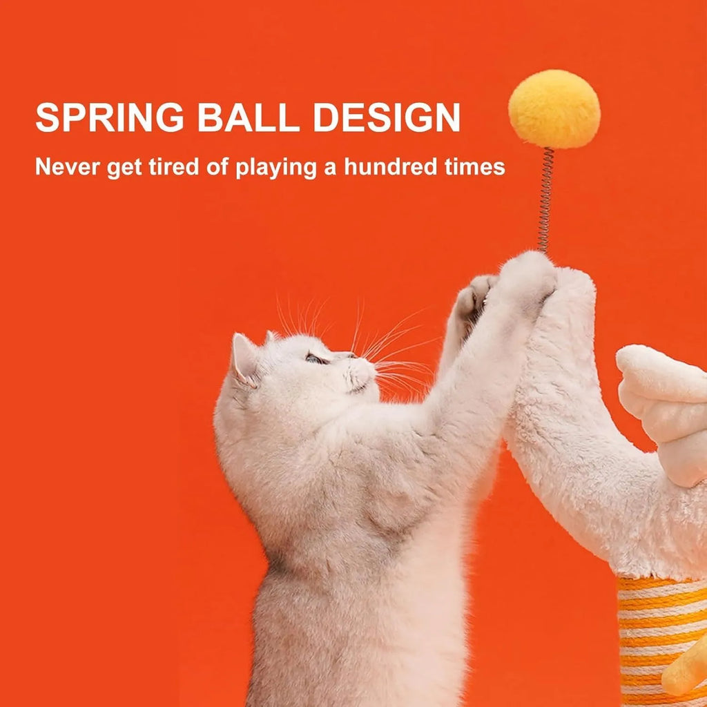 Sisal vertical cat scratching post with chicken strip pattern and spring ball, 88cm tall