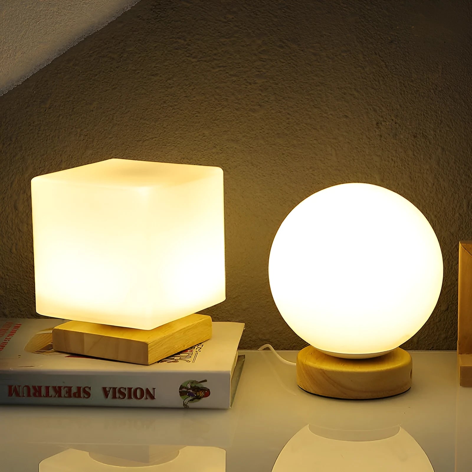 Nordic solid wood USB table lamp in cube style with touch dimming control on wooden desk