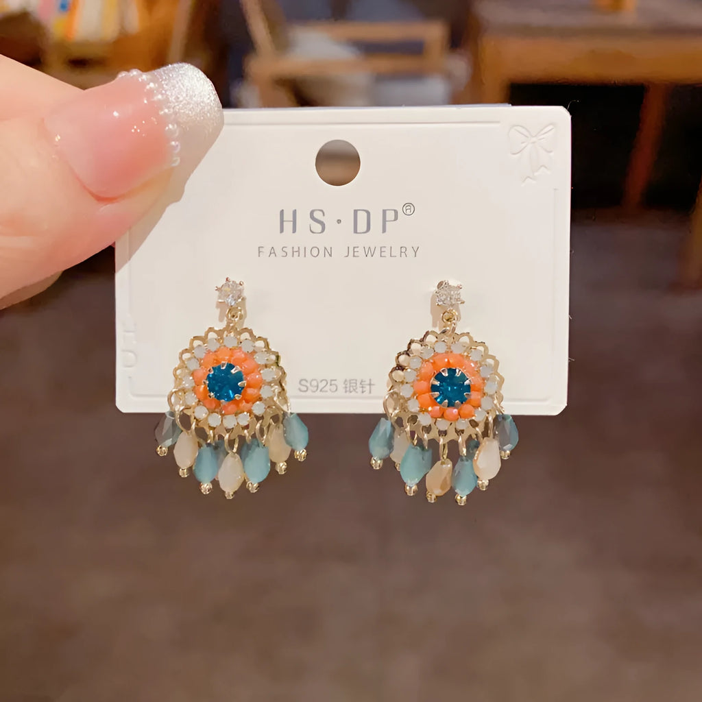 Diamond embedded round crystal tassel earrings in thick gold plated copper, geometric line style for women